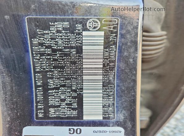 2T1BURHE0HC906572 2017 TOYOTA COROLLA Black VIN კოდის სტიკერის ხედი