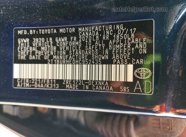 2T1BURHE0HC952435 2017 TOYOTA COROLLA Blue Вид підкапотного простору