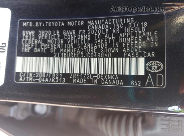2T1BURHE0JC049840 2018 TOYOTA COROLLA Black Vista del compartimento del motor