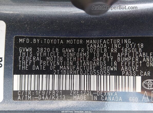 2T1BURHE0JC055055 2018 TOYOTA COROLLA Gray Շարժիչի բաժամունքի տեսք