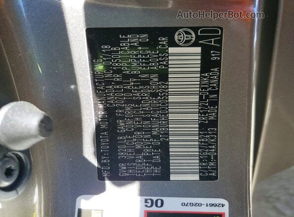 2T1BURHE0JC055282 2018 TOYOTA COROLLA Gray Вид наклейки з VIN-кодом