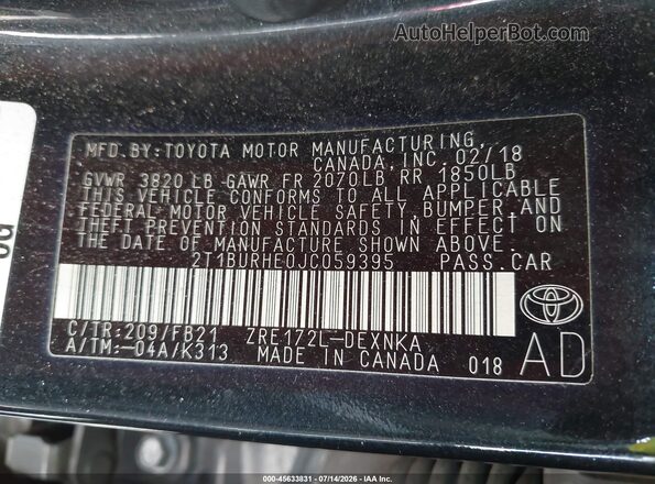 2T1BURHE0JC059395 2018 TOYOTA COROLLA Black Widok komory silnika