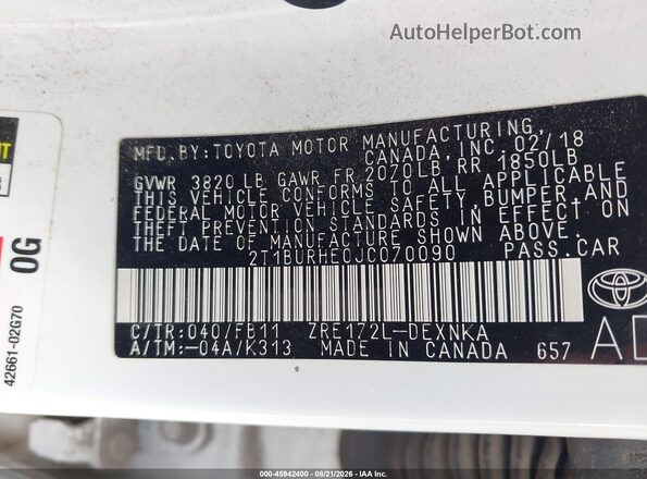 2T1BURHE0JC070090 2018 TOYOTA COROLLA White Vista del compartimento del motor