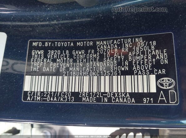 2T1BURHE0KC135361 2019 TOYOTA COROLLA Black Вид підкапотного простору