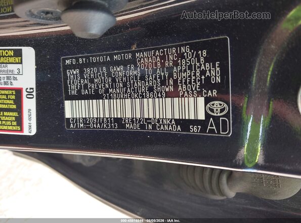 2T1BURHE0KC186049 2019 TOYOTA COROLLA Black Vista del compartimento del motor