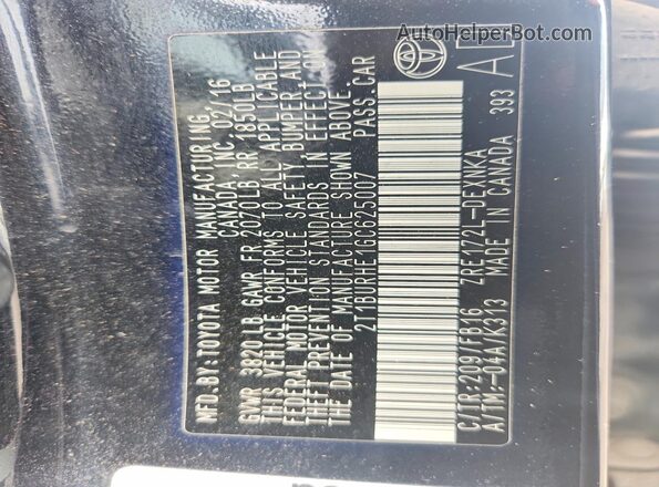 2T1BURHE1GC625007 2016 TOYOTA COROLLA Black Вид підкапотного простору