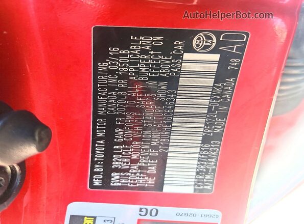 2T1BURHE1GC646343 2016 TOYOTA COROLLA Red Вид підкапотного простору