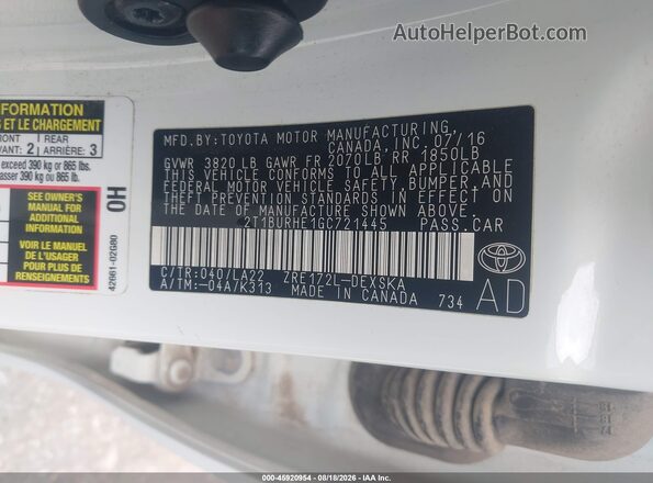 2T1BURHE1GC721445 2016 TOYOTA COROLLA White Շարժիչի բաժամունքի տեսք