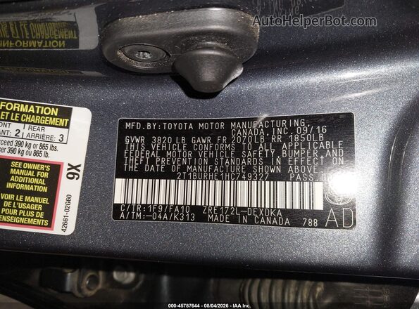 2T1BURHE1HC749327 2017 TOYOTA COROLLA Gray Вид підкапотного простору