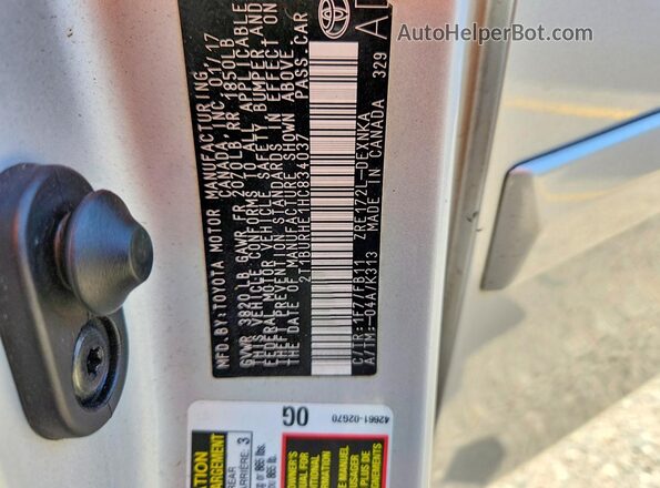 2T1BURHE1HC834037 2017 TOYOTA COROLLA Silver VIN sticker view