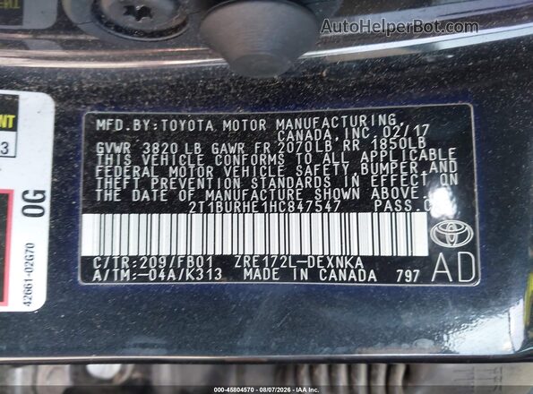 2T1BURHE1HC847547 2017 TOYOTA COROLLA Black ძრავის განყოფილების ხედი