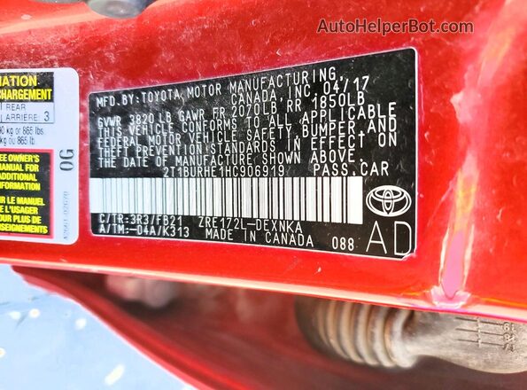 2T1BURHE1HC906919 2017 TOYOTA COROLLA Red Widok komory silnika