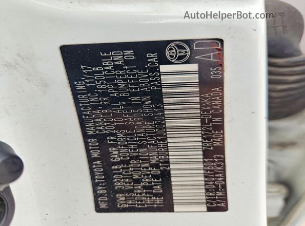 2T1BURHE1JC020413 2018 TOYOTA COROLLA White VIN կոդի պիտակի տեսք