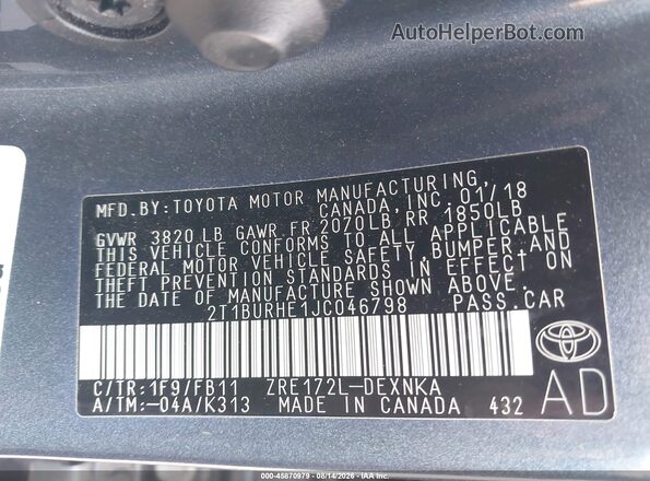 2T1BURHE1JC046798 2018 TOYOTA COROLLA Blue Widok komory silnika