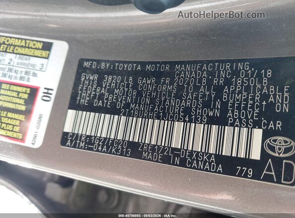 2T1BURHE1JC054139 2018 TOYOTA COROLLA Серый Вид подкапотного пространства