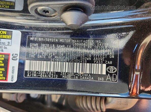 2T1BURHE1JC105459 2018 TOYOTA COROLLA Black Vista del compartimento del motor