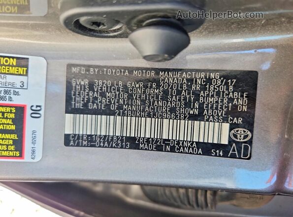 2T1BURHE1JC966382 2018 TOYOTA COROLLA Gray Vista del compartimento del motor