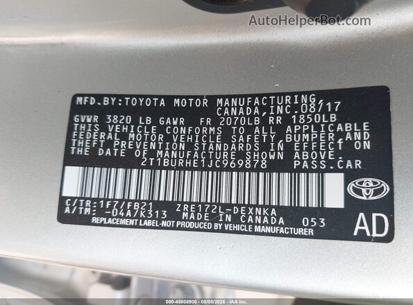 2T1BURHE1JC969878 2018 TOYOTA COROLLA Silver ძრავის განყოფილების ხედი