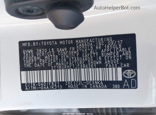 2T1BURHE1JC986261 2018 TOYOTA COROLLA Белый Вид подкапотного пространства