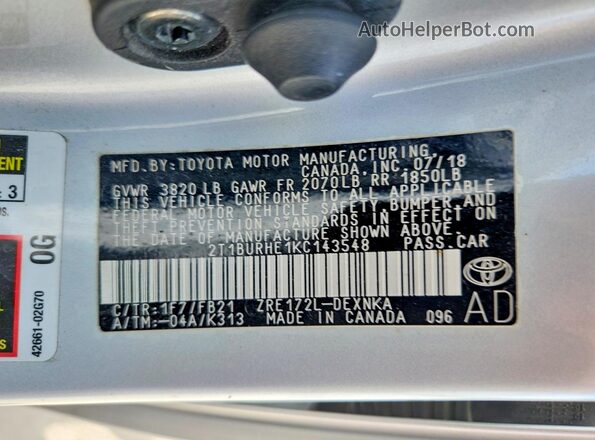 2T1BURHE1KC143548 2019 TOYOTA COROLLA Silver ძრავის განყოფილების ხედი