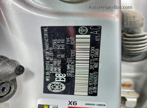 2T1BURHE1KC170393 2019 TOYOTA COROLLA Silver ძრავის განყოფილების ხედი