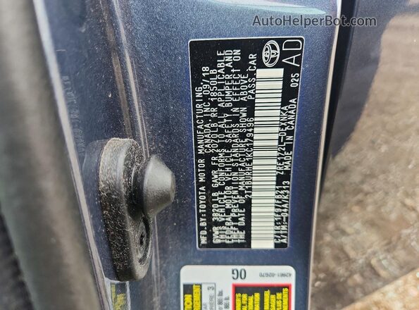 2T1BURHE1KC179496 2019 TOYOTA COROLLA Blue Widok komory silnika