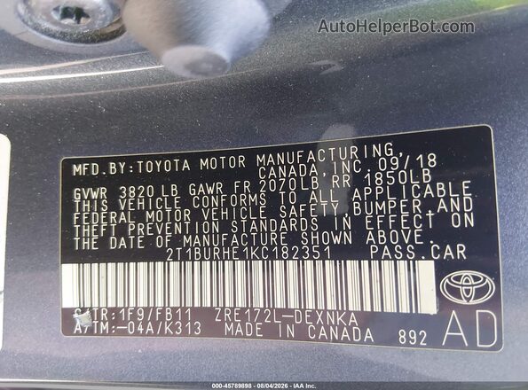 2T1BURHE1KC182351 2019 TOYOTA COROLLA Gray Вид підкапотного простору
