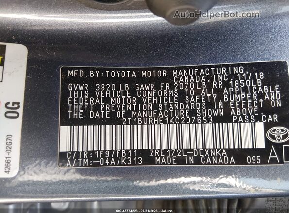 2T1BURHE1KC207653 2019 TOYOTA COROLLA Синий Вид подкапотного пространства