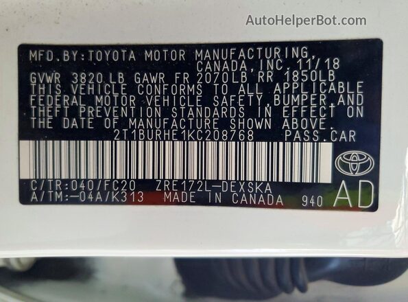 2T1BURHE1KC208768 2019 TOYOTA COROLLA White Engine compartment view