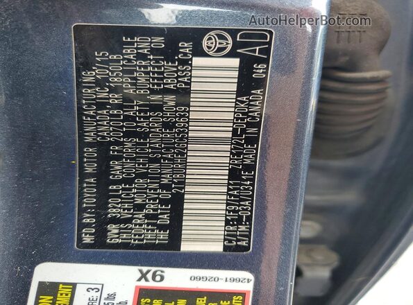 2T1BURHE2GC539639 2016 TOYOTA COROLLA Gray Engine compartment view