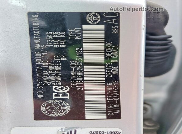 2T1BURHE2GC551192 2016 TOYOTA COROLLA Silver VIN sticker view