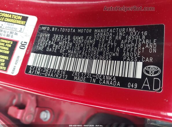 2T1BURHE2GC629695 2016 TOYOTA COROLLA Red Vista del compartimento del motor