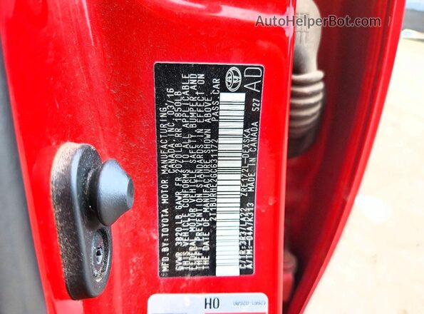 2T1BURHE2GC631172 2016 TOYOTA COROLLA Red Vista del compartimento del motor