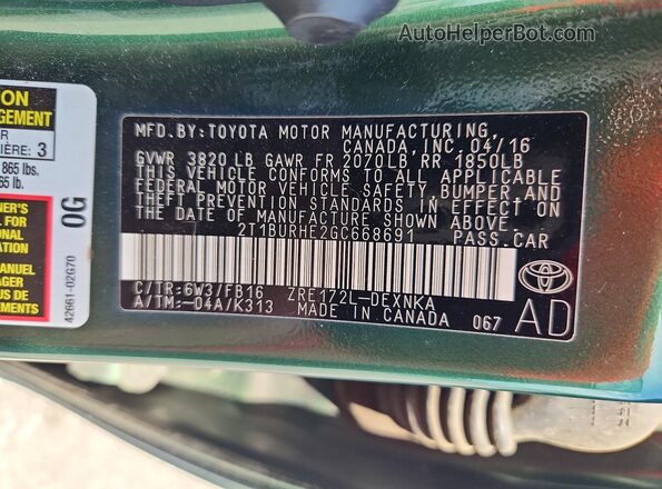 2T1BURHE2GC668691 2016 TOYOTA COROLLA Зеленый Вид подкапотного пространства