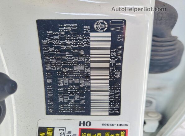 2T1BURHE2GC716237 2016 TOYOTA COROLLA White VIN կոդի պիտակի տեսք