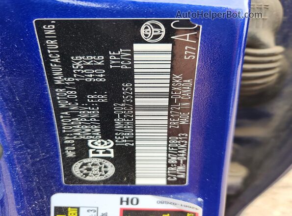 2T1BURHE2GC735256 2016 TOYOTA COROLLA Blue Вид підкапотного простору