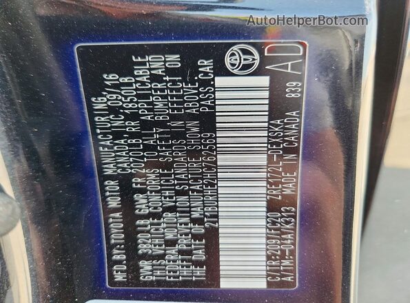 2T1BURHE2HC762569 2017 TOYOTA COROLLA Black VIN կոդի պիտակի տեսք
