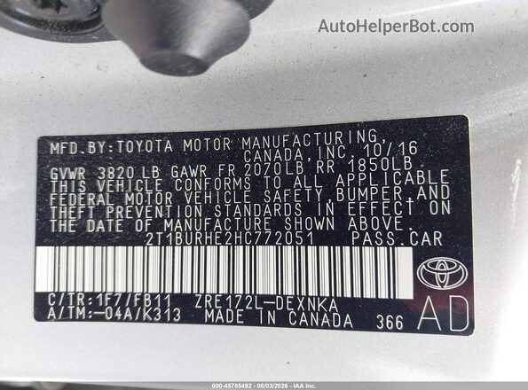 2T1BURHE2HC772051 2017 TOYOTA COROLLA Серебряный Вид подкапотного пространства