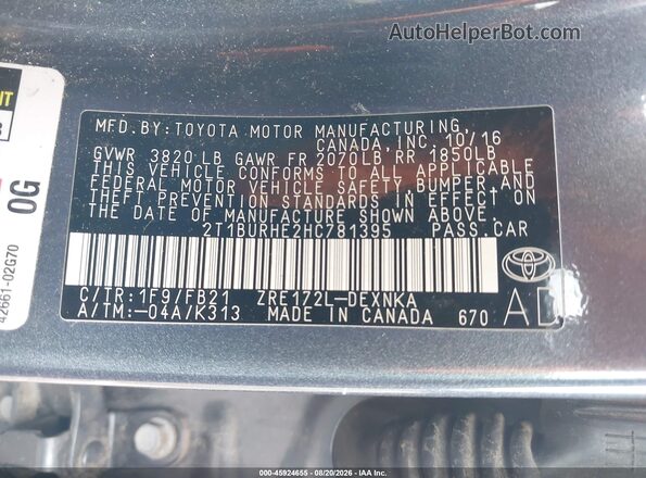 2T1BURHE2HC781395 2017 TOYOTA COROLLA Серый Вид подкапотного пространства
