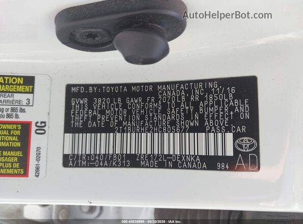 2T1BURHE2HC805677 2017 TOYOTA COROLLA White Vista del compartimento del motor