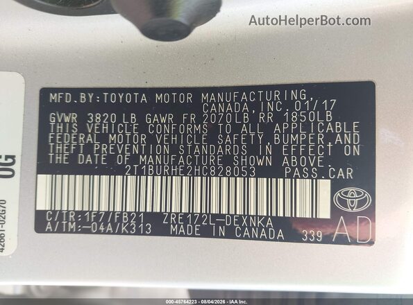 2T1BURHE2HC828053 2017 TOYOTA COROLLA Silver Widok komory silnika