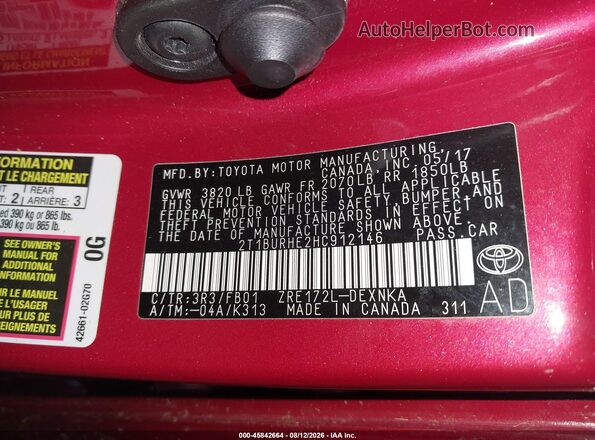 2T1BURHE2HC912146 2017 TOYOTA COROLLA Burgundy Vista del compartimento del motor