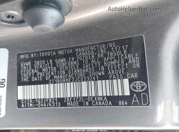 2T1BURHE2JC023241 2018 TOYOTA COROLLA Gray Widok komory silnika