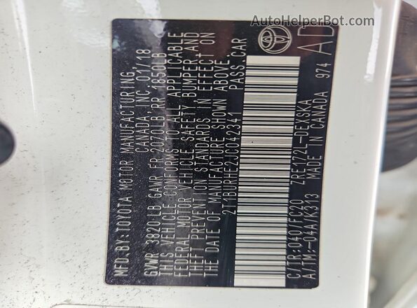 2T1BURHE2JC042341 2018 TOYOTA COROLLA White VIN კოდის სტიკერის ხედი