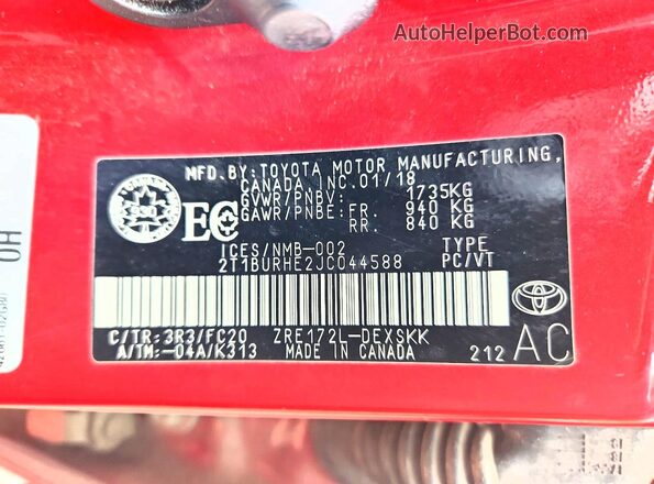 2T1BURHE2JC044588 2018 TOYOTA COROLLA Red Widok komory silnika