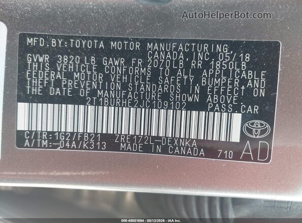 2T1BURHE2JC109102 2018 TOYOTA COROLLA Желто-коричневый Вид подкапотного пространства