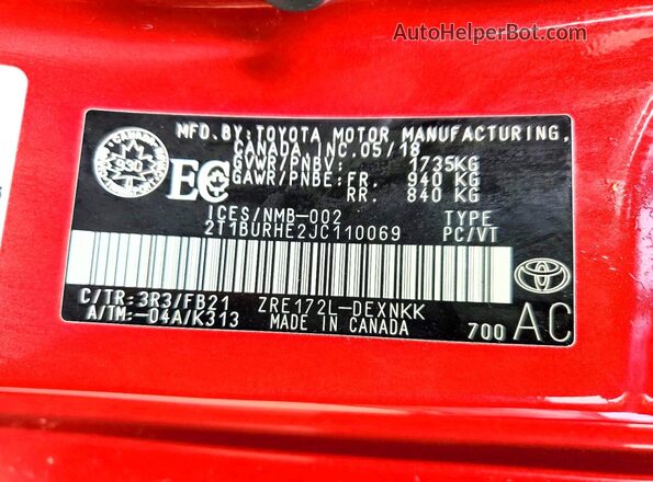 2T1BURHE2JC110069 2018 TOYOTA COROLLA Red VIN კოდის სტიკერის ხედი