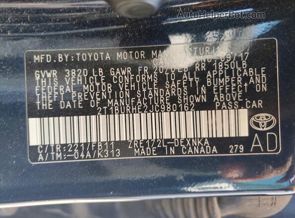 2T1BURHE2JC980162 2018 TOYOTA COROLLA Blue Vista de la etiqueta del VIN