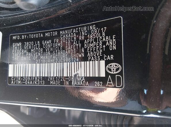 2T1BURHE2JC986124 2018 TOYOTA COROLLA Black Engine compartment view