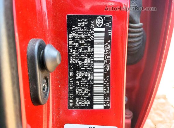2T1BURHE2KC131716 2019 TOYOTA COROLLA Red Widok naklejki z numerem VIN